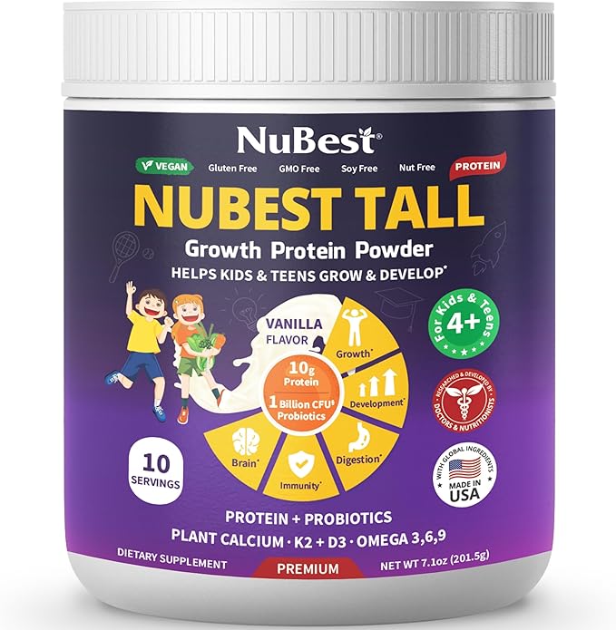 NuBest Tall Protein Powder for Kids & Teens - Vegan Vanilla Protein Powder Shake with Organic Red Algae Calcium, Probiotics, Omega 3-6-9, Vitamin D3 + K2 & Magnesium from Marine Algae - Pack 3