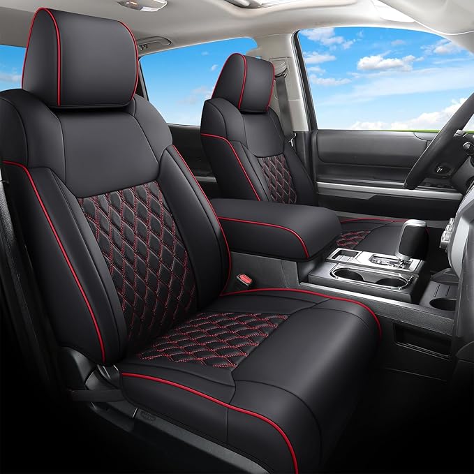 Huidasource Tacoma Front Car Seat Covers, 360° Full-wrap Truck Seat Cushion Cover Fit for Toyota Tacoma 2024-2026 SR, SR5, Limited, TRD Sport/Off-Road,Trailhunter Front Row(Front Pair/Black&Red)