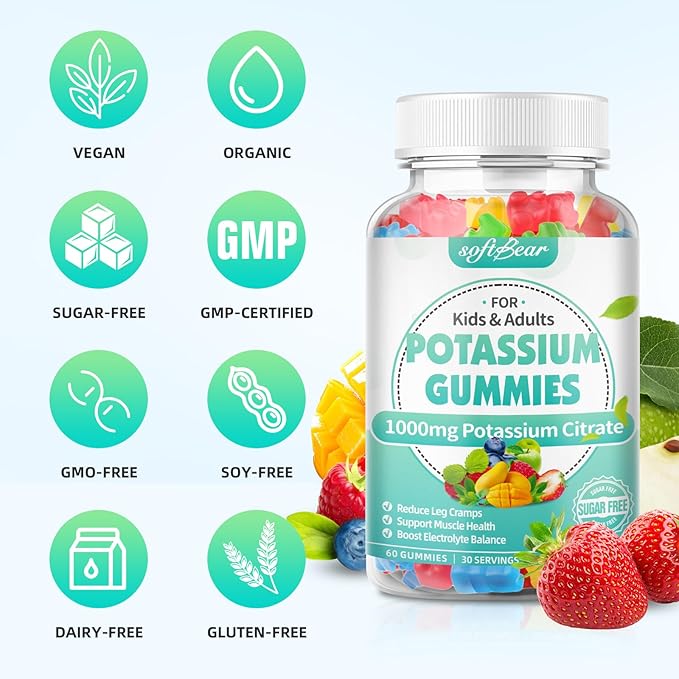 softbear Potassium Citrate Gummies, High Potency Potassium Citrate 1000mg Supports Leg Cramps & Muscle Health Potassium Gummies for Adults & Kids Mixed Fruit Flavor 60 Count
