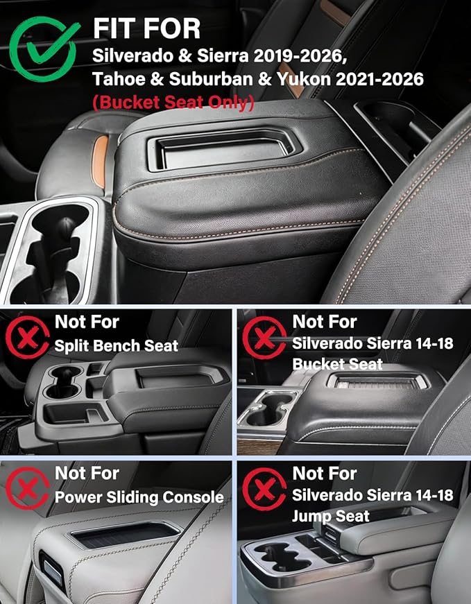 Center Console Armrest Cover for Chevy Chevrolet Silverado 1500/GMC Sierra 2019-2026, Tahoe/Suburban/Yukon 2021-2026, PU Leather Middle Console Lid Protector Cushion Thick Pad Black(Bucket Seat)
