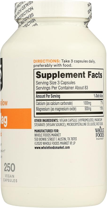 365 by Whole Foods Market, Cal-Mag 2:1 Ratio, Easy-to-Swallow Vegan Capsules, 250 Count