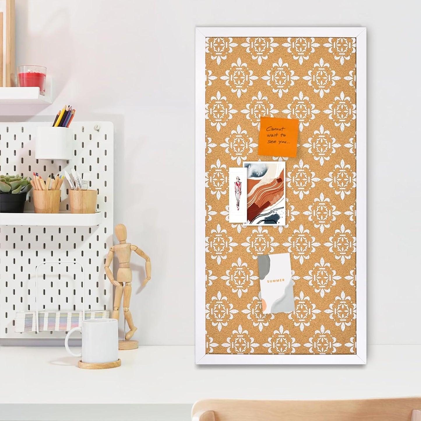 Decorative Cork Board for Walls, Bulletin Board with White Floral Print, White Framed Pin Board Vision Board for Office School Bedroom and Dorm Room with Pins, Screws(WH,3060,2pc)