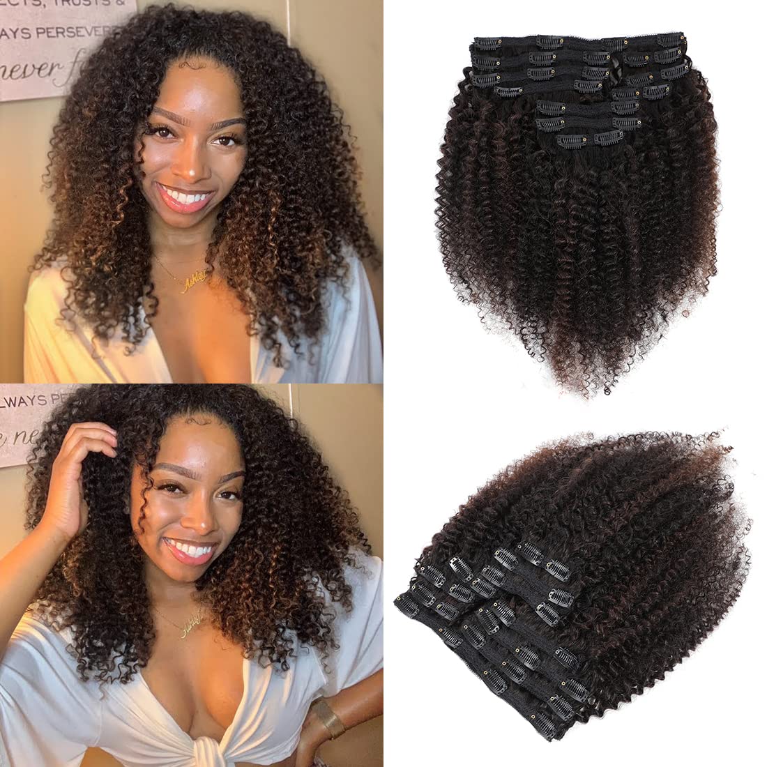 Urbeauty Highlight Brown Clip In Hair Extensions Real Human Hair 1B/4 Natural Balck Color Mix Medium Brow Color 3C Kinky Curly C