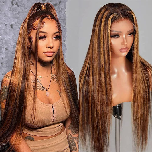Flady Highlight Ombre Blonde Lace Front Wig Human Hair #4/30 Colored Glueless Pre Plucked With Baby Hair 180 Density Straight Hd