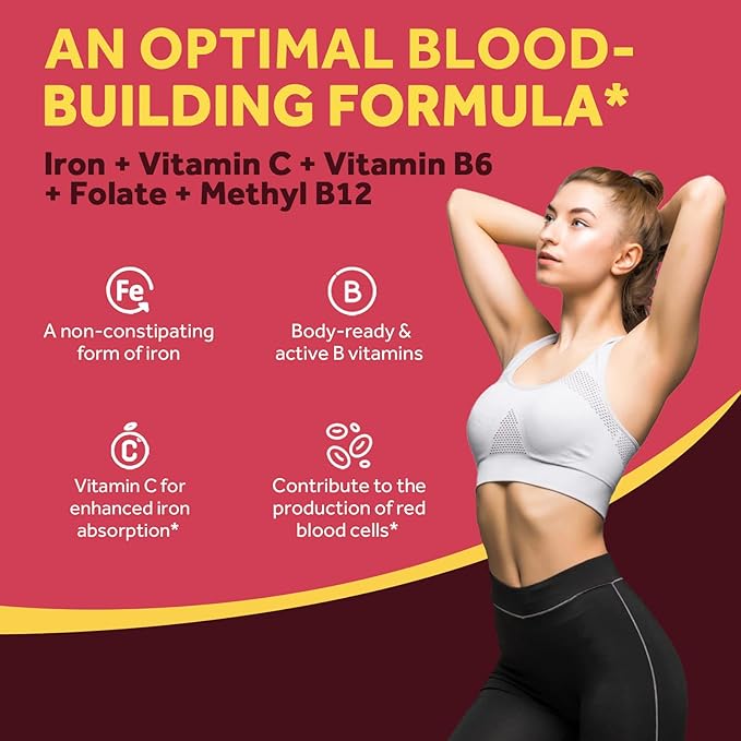 Doctor's Recipes Iron Supplement for Women Men - Gentle Iron Bisglycinate with Vitamin C, B6, Folate & B12 - Non-Constipating & Stomach Friendly Iron Pills for Blood & Energy Support, 120 Vegan Caps
