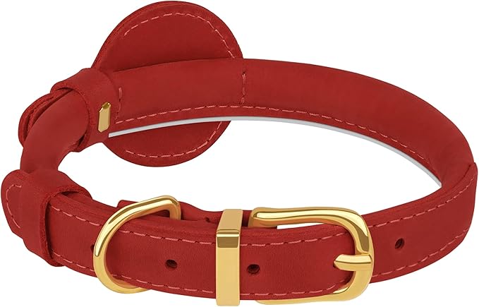 OOPSDOGGY Rolled Leather Dog Collar with Airtag Holder - Reflective Round Airtag Dog Collar - Soft Tracking Pet Collar for Small Dogs Puppy Cats Kitten (Red, S, 10"-13")
