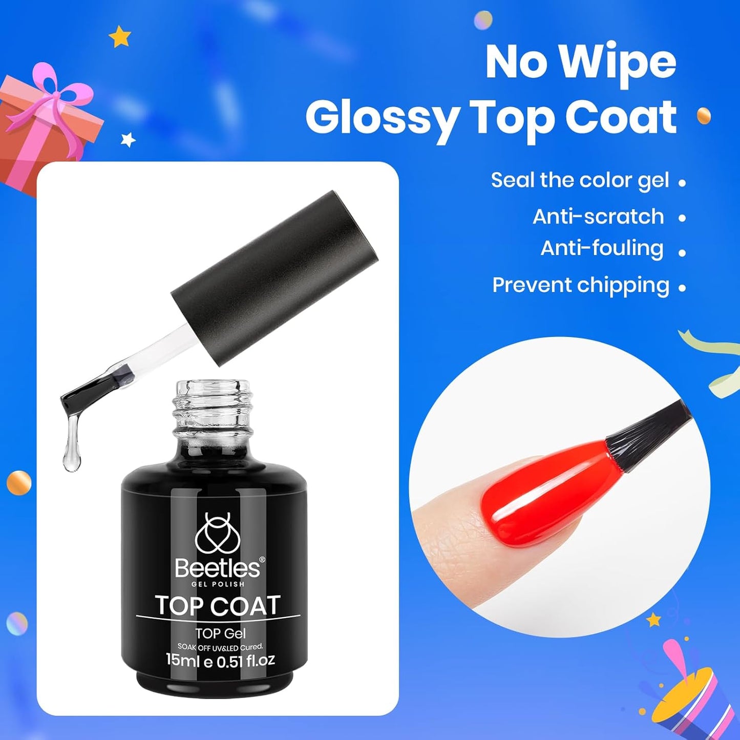 15ml No Wipe Gel Top Coat & Base Coat Set | Long-Lasting Shine for Women