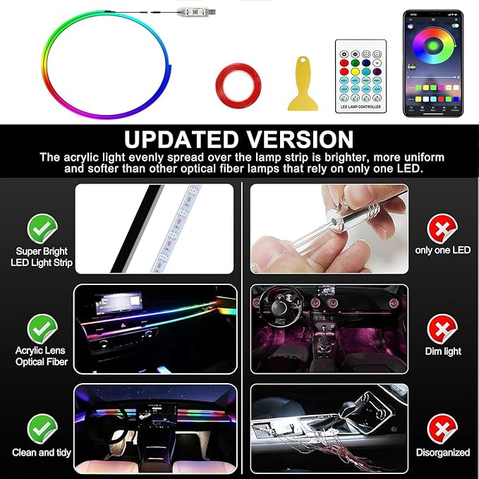 Interior Car LED Strip Lights,Acrylic LED Lights for Car with Dynamic Dreamcolor Chasing,43.3in USB RGB Neon Strip Fiber Optic LED Ambient Lighting Kits with Remote APP,for Inside car Decorations