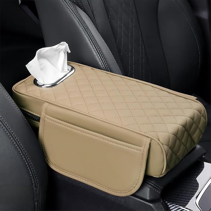 Car Center Console Cover for Toyota Highlander 3.Generation 2013-2020, Leather Car Arm Rest Cover, Car Armrest Cushion with 2 Storage Bags Car Center Console Armrest Pad,A Beige