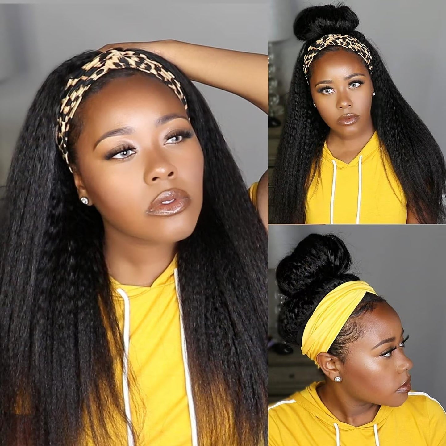 G&T Wig Kinky Straight Headband Wigs For Black Women Synthetic Headband Wig Long Yaki Straight Hair Wigs With Hair Band Half Wig