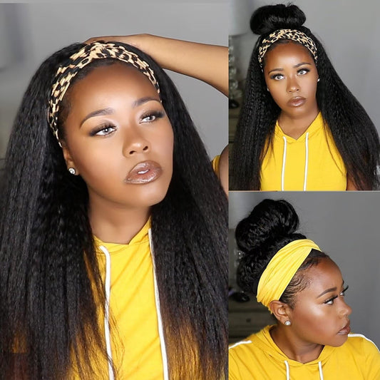 G&T Wig Kinky Straight Headband Wigs For Black Women Synthetic Headband Wig Long Yaki Straight Hair Wigs With Hair Band Half Wig