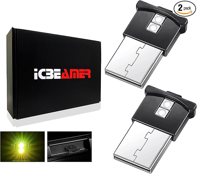 ICBEAMER Mini Smart USB Type-A 2-Pack (Yellow) | LED Night Light for Car Interior, Trunk, Center Console, Easy Plug-in, Ideal for Enhancing Automotive Ambiance