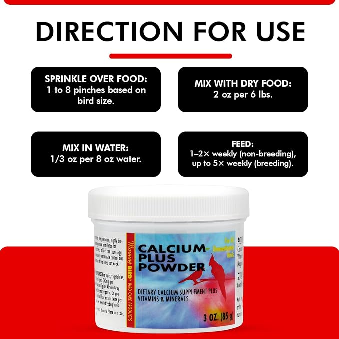 Morning Bird Calcium Plus Powder for Birds 3 oz – Calcium Carbonate Powder with Magnesium Glycinate & Vitamin D – Bone Strength & Immune Support Supplement – Calcium Formula for All Bird Sizes