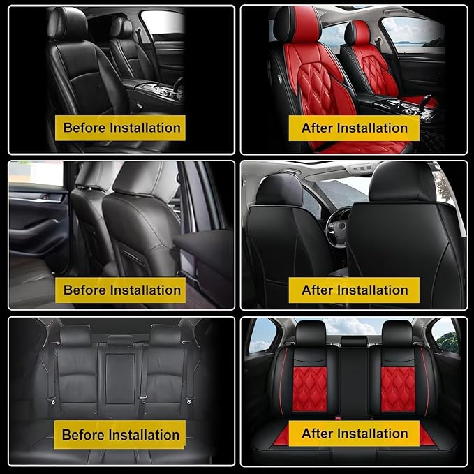 AOMSAZTO Car Seat Cover Full Set 5 Seats Fit for Mazda 3 2010-2019 Leather Car Seat Cushion Protector Compatible Airbag Waterproof Automotive Seat Covers Black&Red