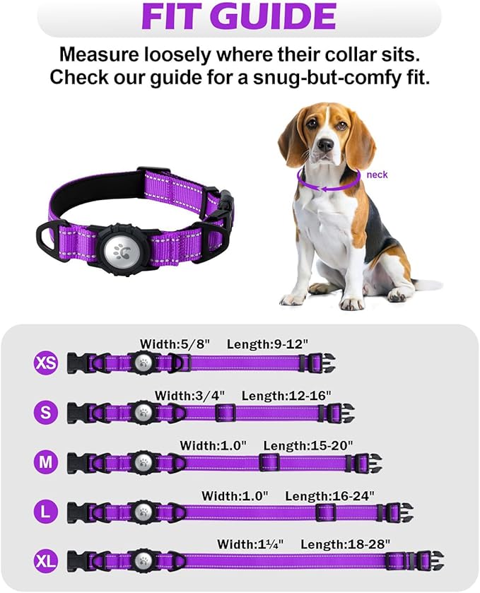 TagME Airtag Dog Collar,Waterproof Reflective Pet Collar with Airtag Holder,Soft Padded and Double D-Rings for Medium Dogs,Purple