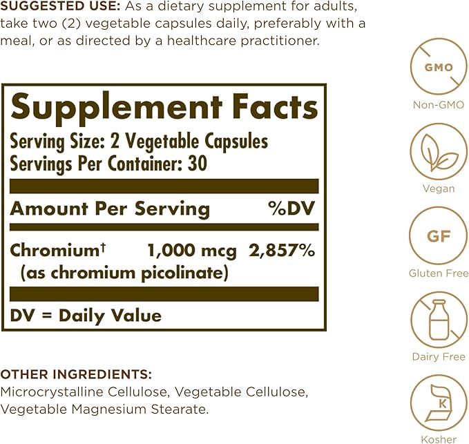 Solgar Chromium Picolinate 500 mcg - 60 Vegetable Capsules - Supports Sugar, Fat & Protein Metabolism - Non-GMO, Gluten Free, Kosher - 30 Servings