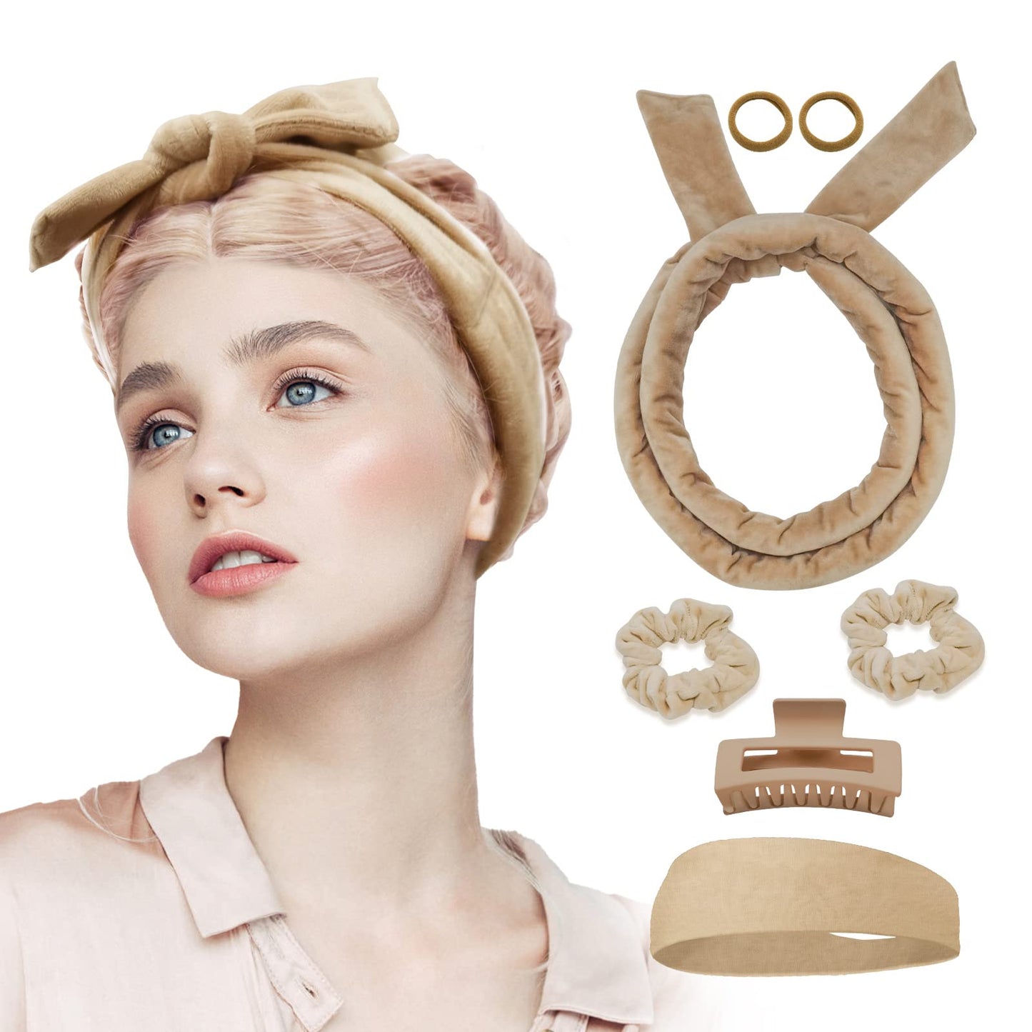 Fitifun No Heat Curling Headband - 61 Extra Long Velour Overnight Curlers For Long Hair (Beige)