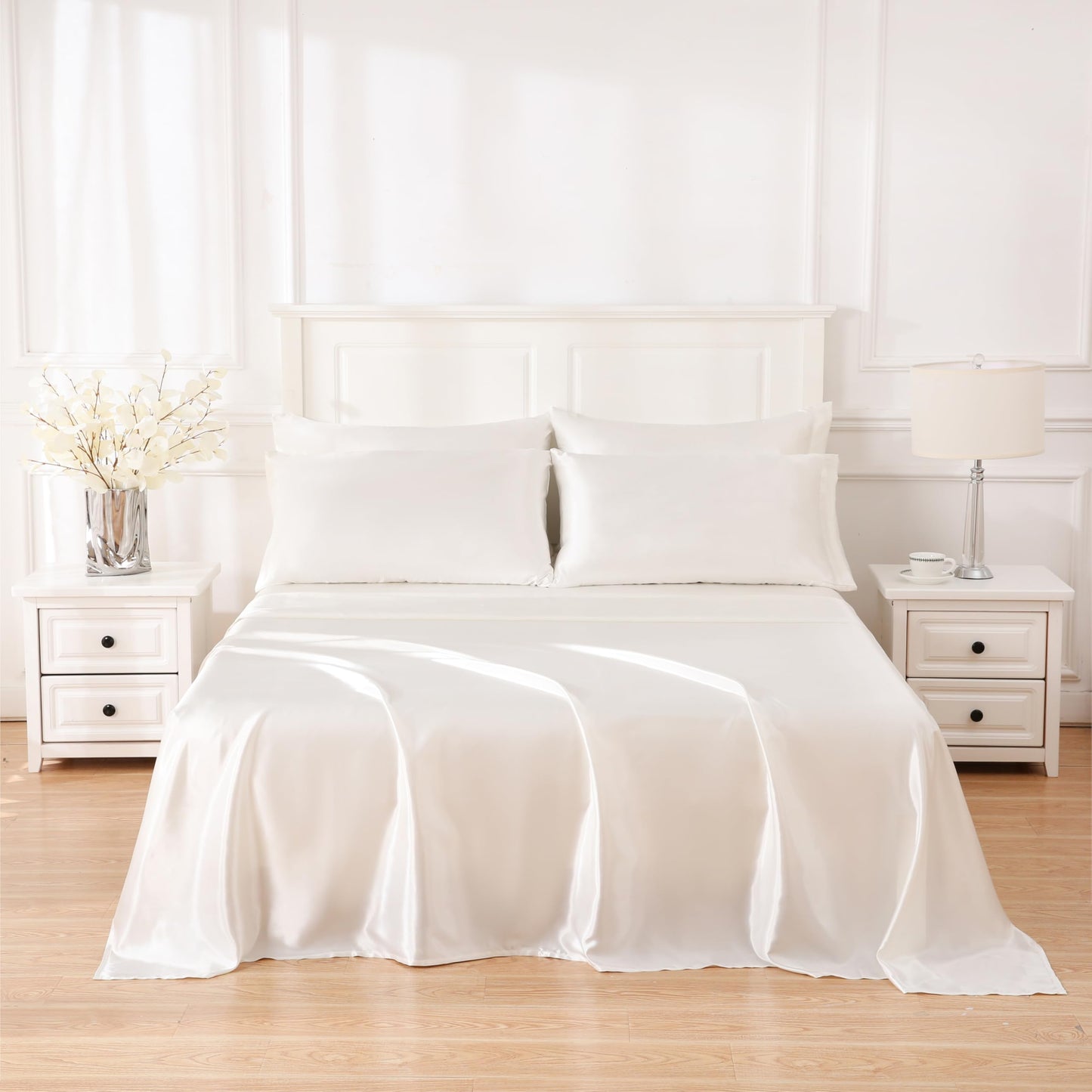 Sleeplite 4 Piece Luxury Satin Bed Sheets Set with Pillowcases - Ultra Soft & Silky, Hypoallergenic & Wrinkle-Free, Hotel Quality Comfort Bedding, Size King, Snow White