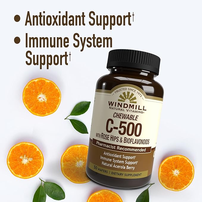 Windmill Natural Vitamins Vitamin C 500 mg, with Rose HIPS and Bioflavonoids, Immune Booster, Antioxidant Support, Chewable Tablets, Acerola Berry, 50 Tablets, 50 Servings