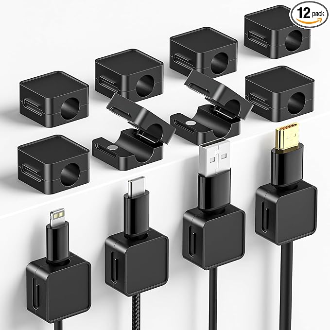 12 Pack Magnetic Cord Organizer Cable Clips, Compact Desk Cable Management Clips, Adhesive Cord Holder for Desk, Wire Organizer Holders for Nightstand, Home, Office Accessory, Car, Wall, Black