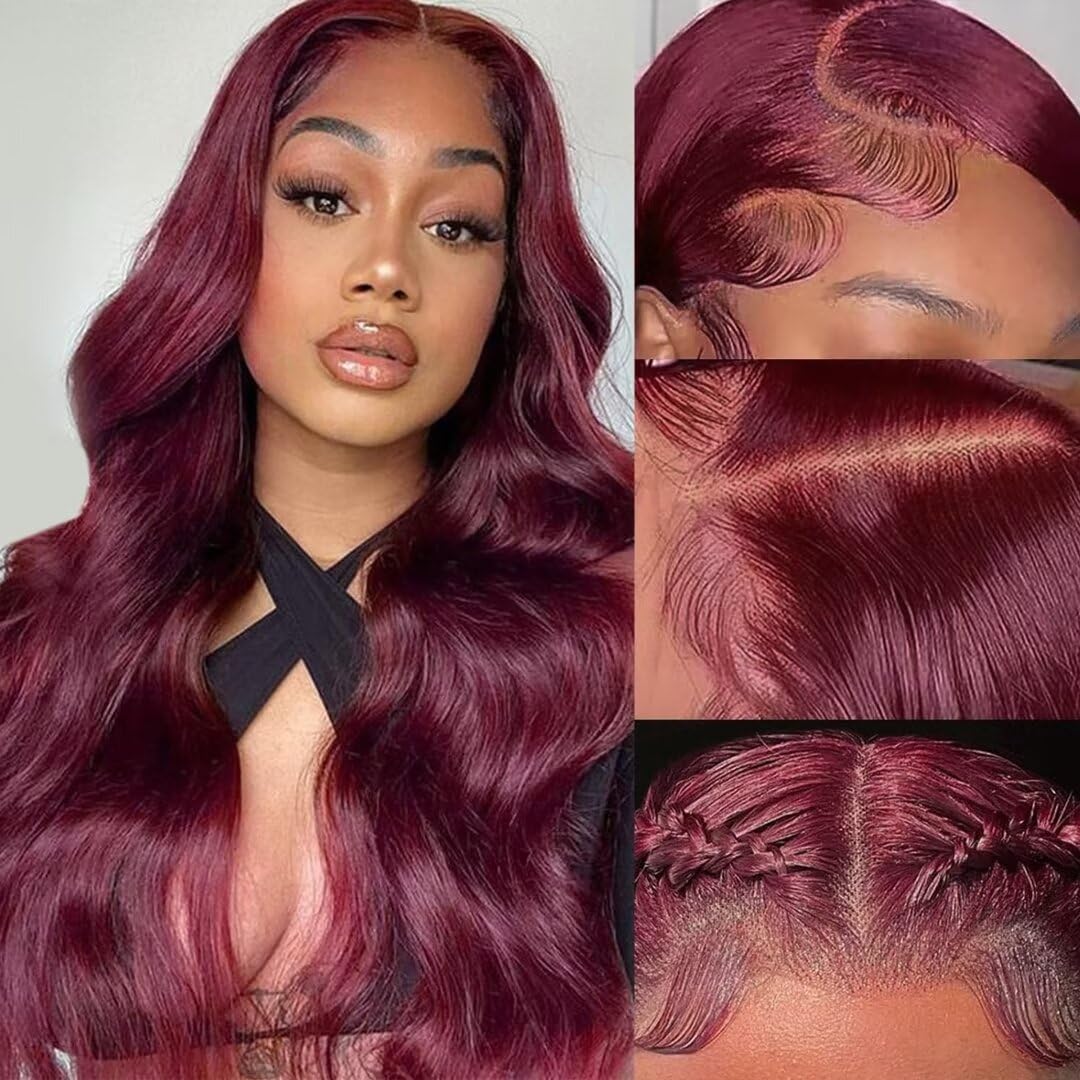 Hengrose Burgundy 13X4 Hd Transparent Body Wave Lace Front Wigs Human Hair 180% Density Natural Hairline Lace Frontal Wigs Gluel