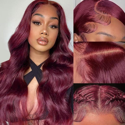 Hengrose Burgundy 13X4 Hd Transparent Body Wave Lace Front Wigs Human Hair 180% Density Natural Hairline Lace Frontal Wigs Gluel