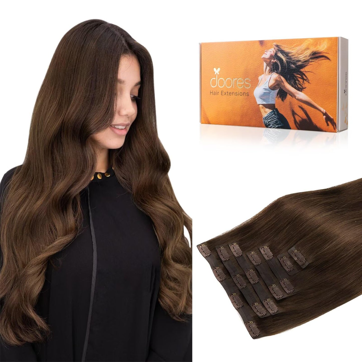 Doores Human Hair Clip In Extensions, Chocolate Brown 14 Inch 7Pcs 110G, Seamless Clip In Hair Extensions Seamless Weft Remy Thi