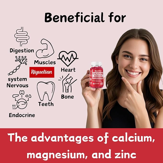 Calcium Magnesium Zinc Gummies with Vitamin D3 Supplement, Sugar Free Calcium Supplements for Women Men, Gluten-Free, Vegan Raspberry Flavor, 60 Count