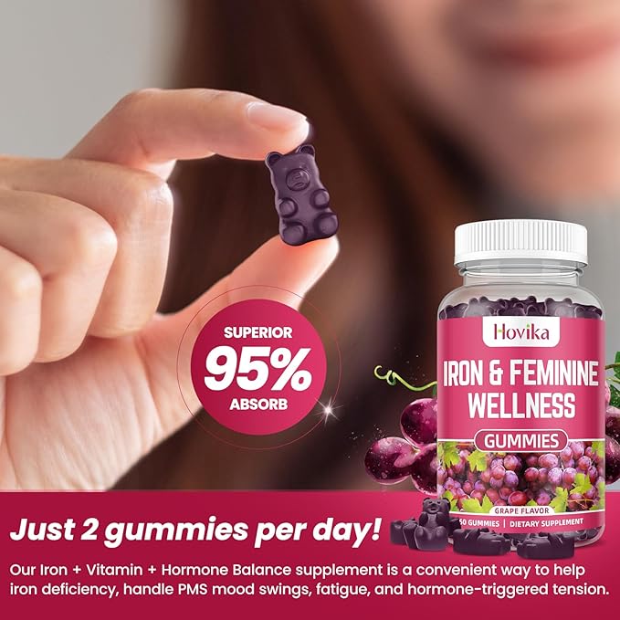 Iron for Women Gummies, 40mg Iron Supplement Anemia with multivitamin for Women, Zinc, Selenium, Iodine - for Iron Deficiency - Natural Hormonal Support for PMS, Grape Flavour, 2 Pack