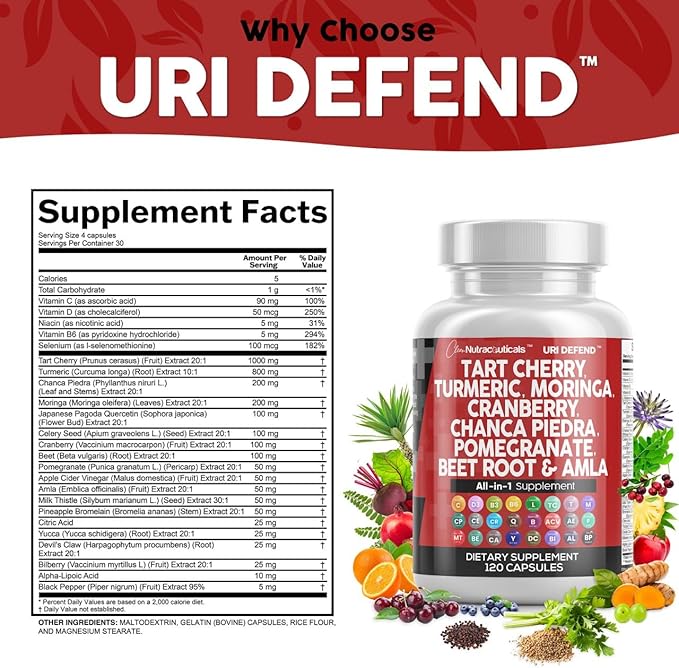 Clean Nutraceuticals Tart Cherry Extract Capsules with Turmeric Moringa Cranberry Chanca Piedra Celery Quercetin ACV Pomegranate L Selenomethionine - Uric Levels - 2Pack