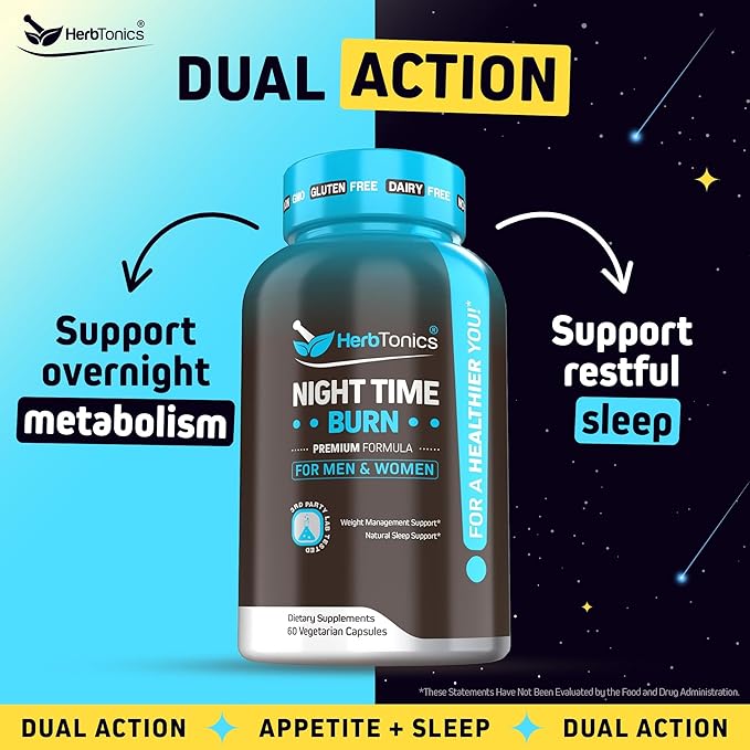 Herbtonics Night Time Weight Supplement & Sleep Aid – Dual-Action Metabolism & Appetite Support | Melatonin, L-Theanine, Lemon Balm, Green Tea Extract | GLP-1 Support | 60 Vegan Capsules
