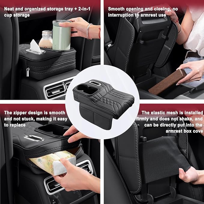 Car Armrest Storage Box for Infiniti QX60 2013–2025 2020 2021 2022 2023 2024, Sport-Style Center Console Organizer with Side Pocket, PU Leather Armrest Cushion, Elbow Support Pad,B White