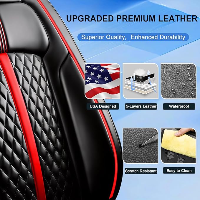 Fit CX-7 Car Seat Covers (Front Pair) for Select Mazda CX7 2006-2012 - Premium Full Coverage Leather, Airbag Compatible & Scratch-Resistant, Waterproof All Weather Seat Protector, Red Trim