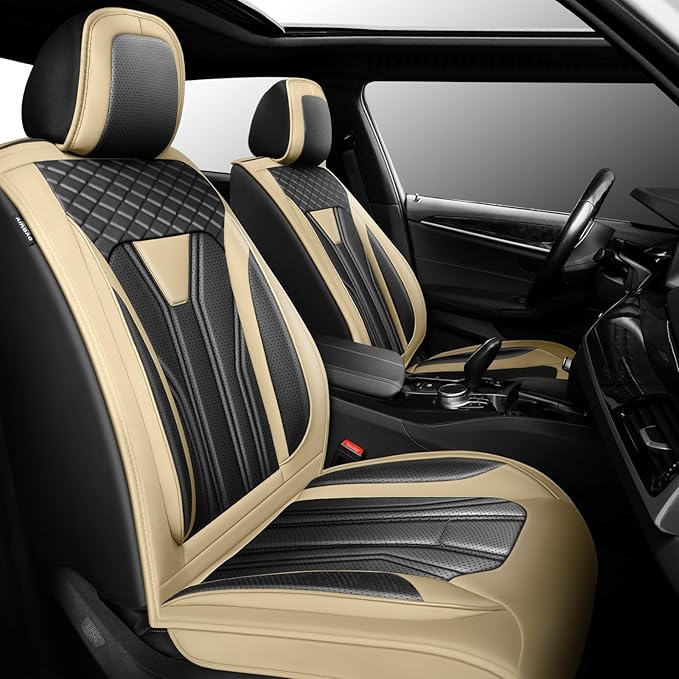 Fit Murano Car Seat Covers Compatible with Nissan Murano 2004-2025 2026 - Premium Leather， Waterproof Breathable， All-Weather Seat Cushion Protecto&Airbag Compatible (2 Front Seat Beige&Black)