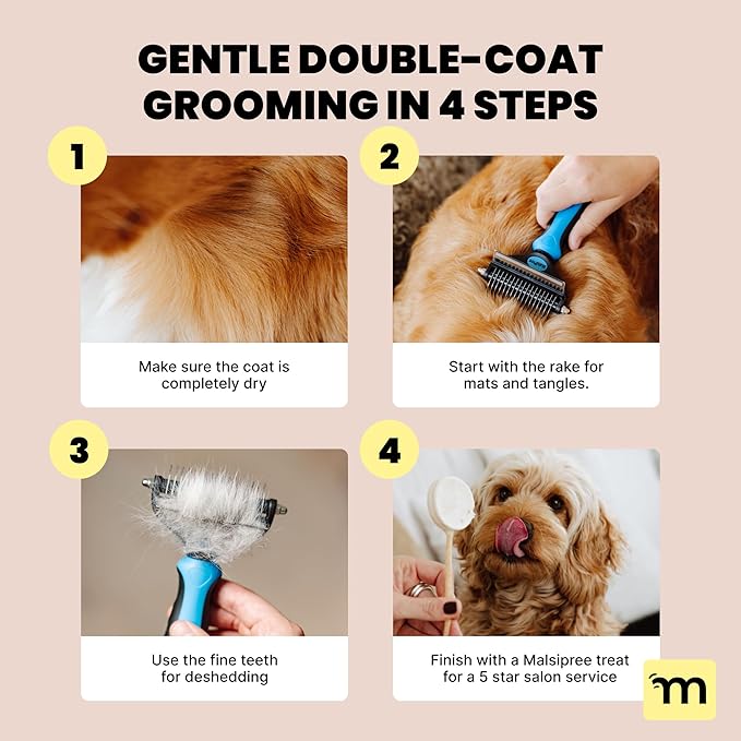 MalsiPree Dog Brush - Large, Black - 2-in-1 Undercoat Rake & Dematting Rake - Shedding Brush & Deshedding Tool for medium to Large Double-Coated Dogs & Cats