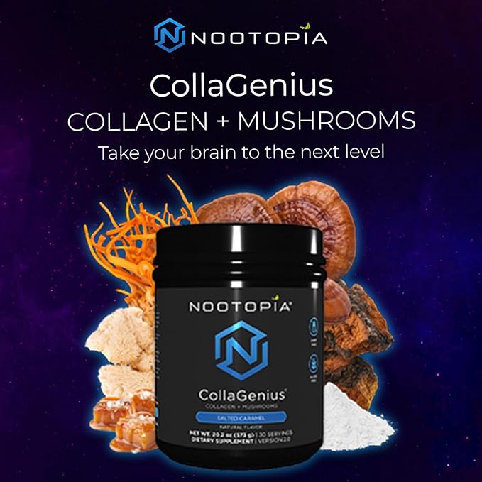 Collagenius v 2.0 - Blended Powder of 4 Mushrooms, Collagen & Superfoods - Brain Supplement Supports Focus, Memory, Hair, Skin - Salted Caramel 30 Servings