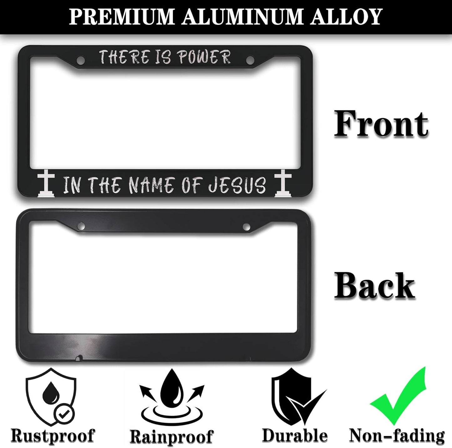 License Plate Frames Black and White License Plate Holder There is Power in The Name of Jesus Universal Aluminum Car Accessory 2 Pack with Screw Covers Set