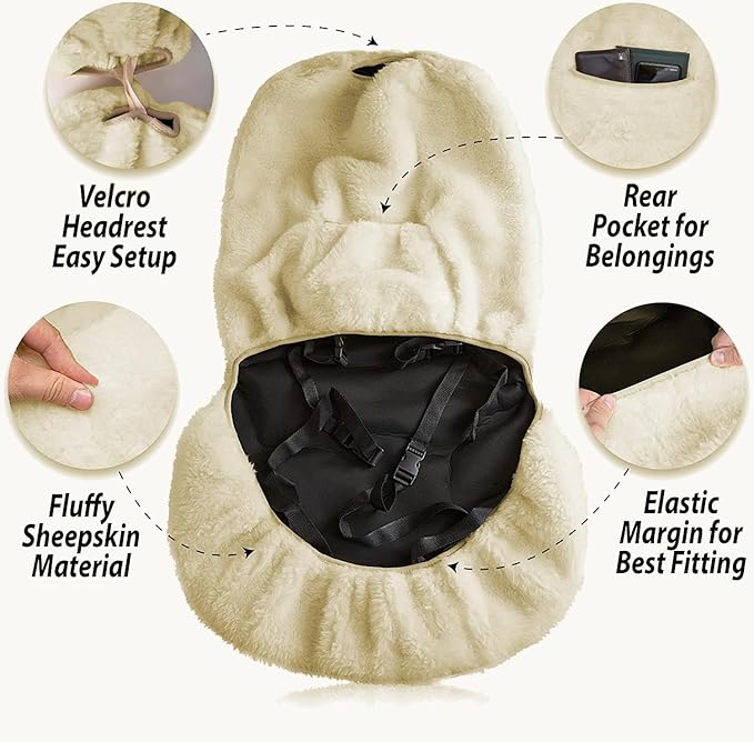 ZONETECH Sheepskin Seat Covers Fuzzy Car Seat Covers Tan Australian Merino Wool Fluffy Fur Auto Accessories All Season Protection for Your Seats Universal Fits Most Car SUV Airbag Compatible