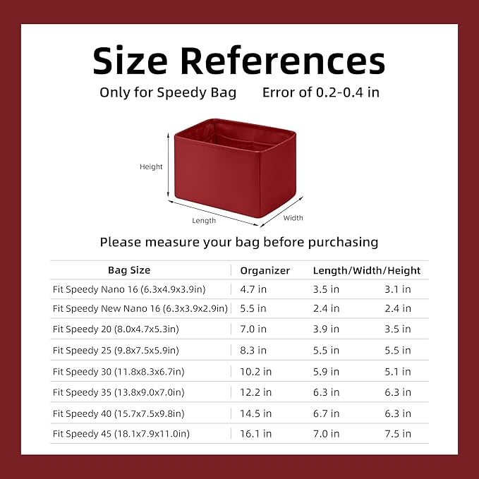 DGAZ Silk Purse Organizer Insert Fits LV Speedy 16/20/25/30/35/45 bags，Silky Smooth Bag Organizer，Luxury Handbag & Tote Shaper（Wine Red，SP30）