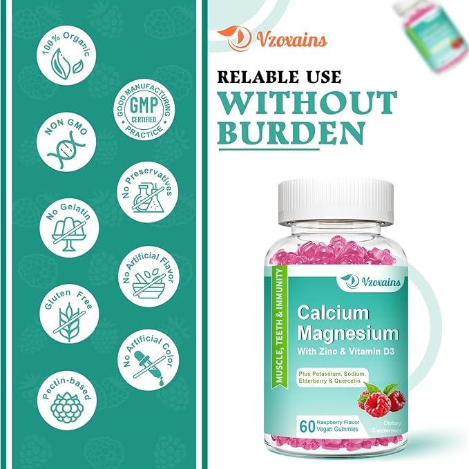 High Absorption Calcium Gummies, Calcium Magnesium Zinc with Magnesium Glycinate, Potassium, Vitamin D3 for Women & Men- Raspberry Flavored 60 Cts