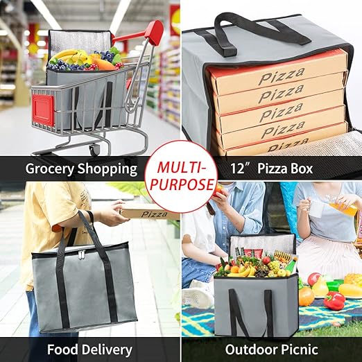 CIVJET Insulated Grocery Shopping Bags, X-Large Food Delivery Bag for Delivery Drivers, Reusable Tote Cooler Bag for Travel, Dark Gray, 2-Pack