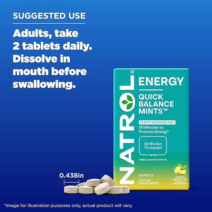Natrol Quick Balance Energy Mints, Energy Supplement, 30 Lemon Green Tea Naturally and Artificially Flavored, 30 Count, 15 Day Supply