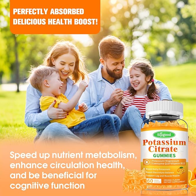 Potassium Citrate Gummies – High Potency Potassium Supplement for Muscle Health, Leg Cramp Relief, Electrolyte Balance – Vegan, Non-GMO, Gluten-Free, Orange Flavor, 60 Count