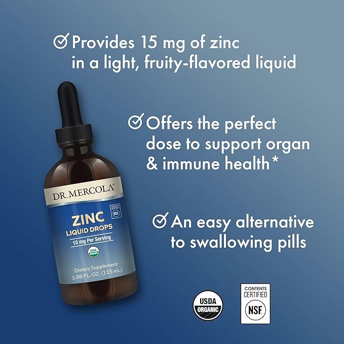Dr. Mercola Zinc Liquid Drops - Supports Immune & Organ Health - 15 mg Organic Zinc Liquid Drops - USDA Organic - NSF Certified - Non-GMO, Gluten-Free & Soy-Free - 3.88 fl oz (28 Servings)