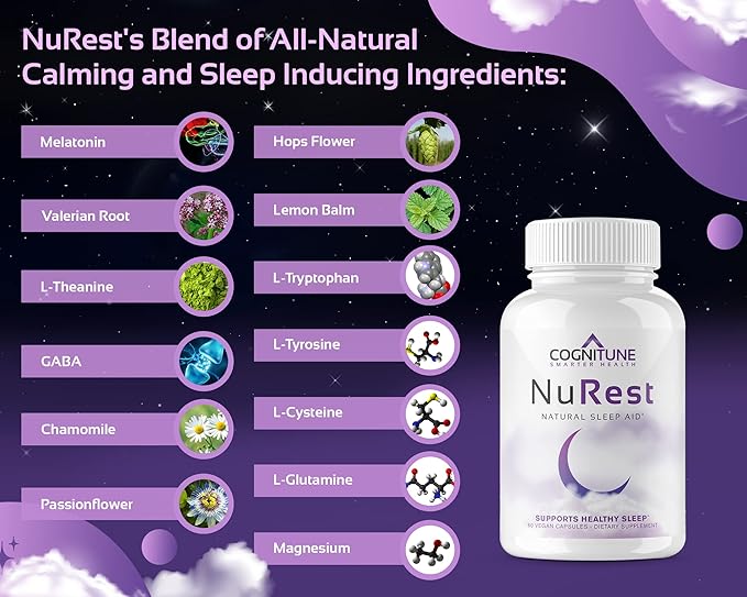 CogniTune Natural Sleep Aid for Adults - Herbal Sleep Aid Supplement - Non-Drowsy Formula with Melatonin, Valerian Root, Lemon Balm, Chamomile, GABA & More