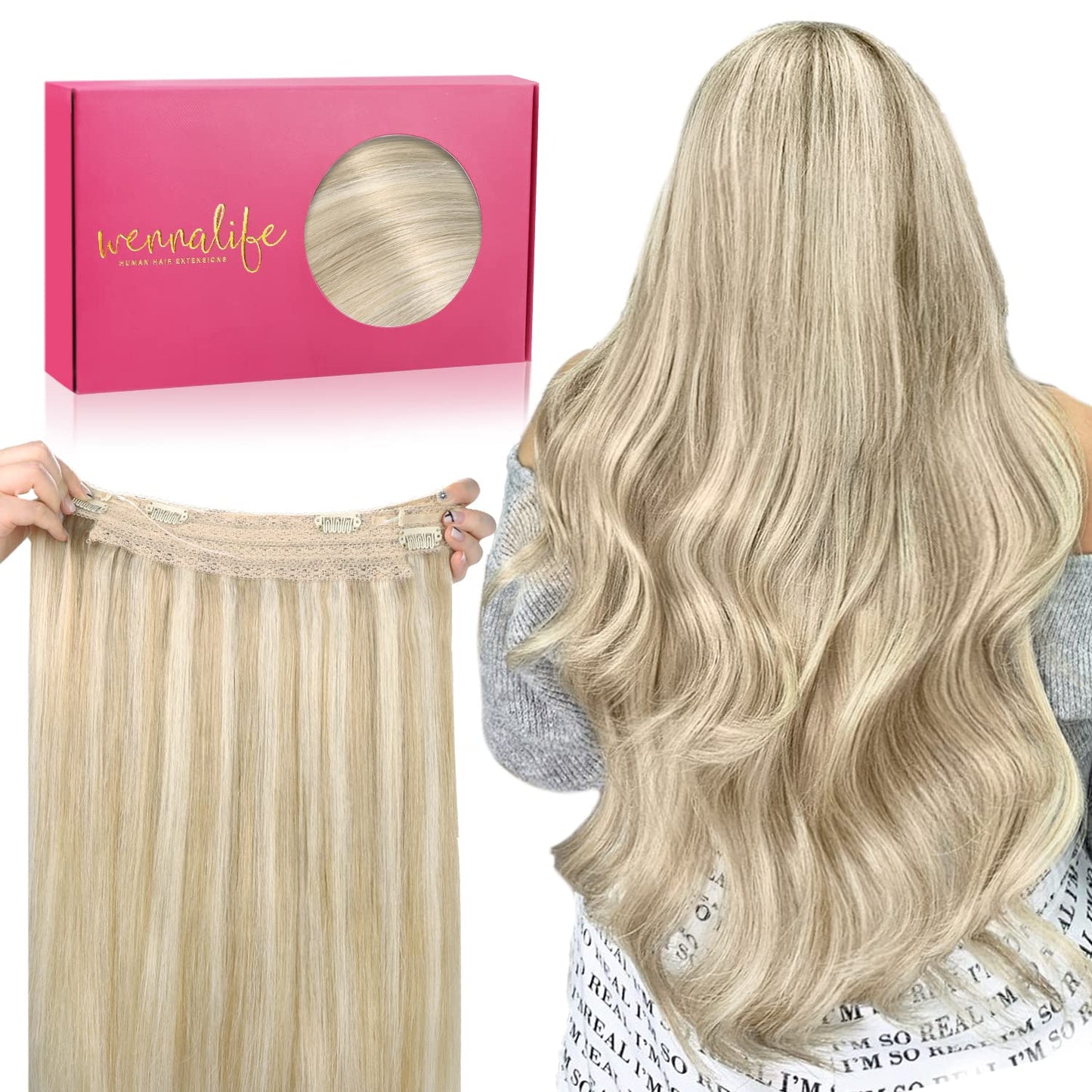 Wennalife Wire Hair Extensions (Increase 50% Lifespan) 14 Inch 75G Dirty Blonde Highlighted Bleach Blonde Remy Hair Extensions I