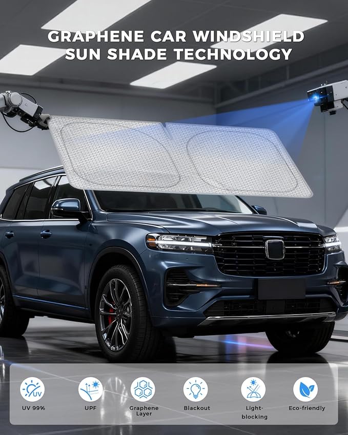 helloleiboo Graphene Car Windshield Sun Shade – 57" x 31" Foldable Car Sun Shade, Advanced Heat Absorption & UV Protection, Universal Fit for Cars, SUVs & Trucks