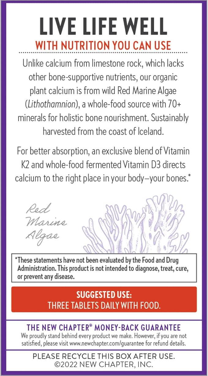 New Chapter Calcium Supplement - Bone Strength Organic Calcium with Magnesium, Vitamin D3+K2, 70+ Trace Minerals for Bone Health, Gluten Free, Easy to Swallow Slim Tablets - 60 Count