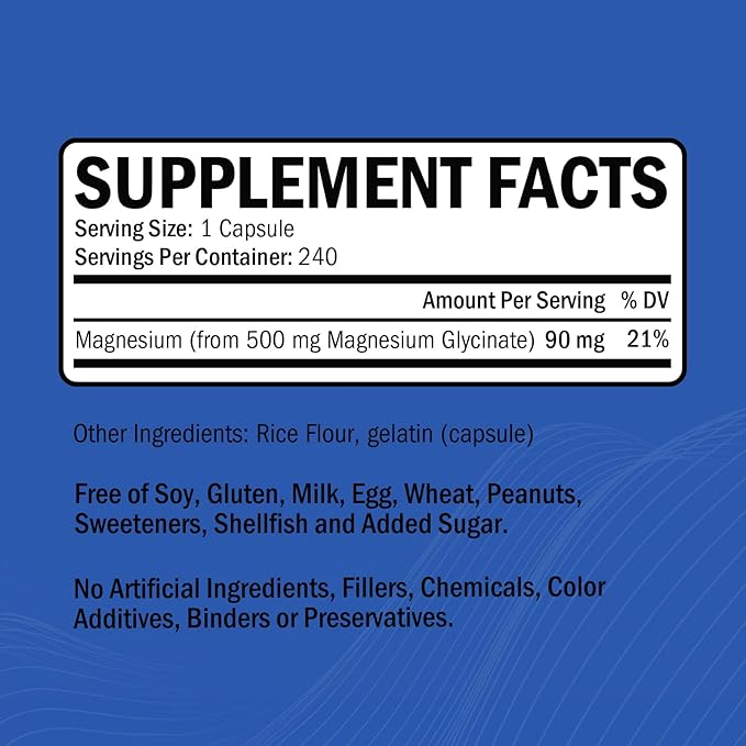 Magnesium Glycinate - High Absorption Magnesium Supplement 500mg Per Serving for Stress Relief, Sleep, Heart and Bone Health, Nerve Support - Non-GMO, Gluten-Free, Gentle on Stomach, 240 Capsules