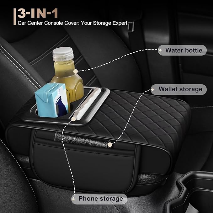 Center Console Cover Fit for Tacoma Faux Leather Car Armrest Cushion with Storage Bags, Cup Holder ＆ Phone Storage Multifunctional Middle Console Cover(Black)